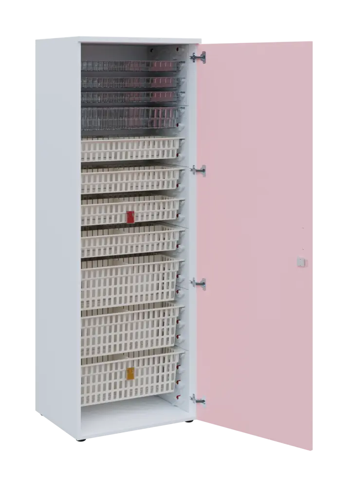 EUROMEDICA D - 66 skříň léková boxová, 1-dveřová, pravá, 1950x660x535, korpus bílý, dvířka pastelově růžová